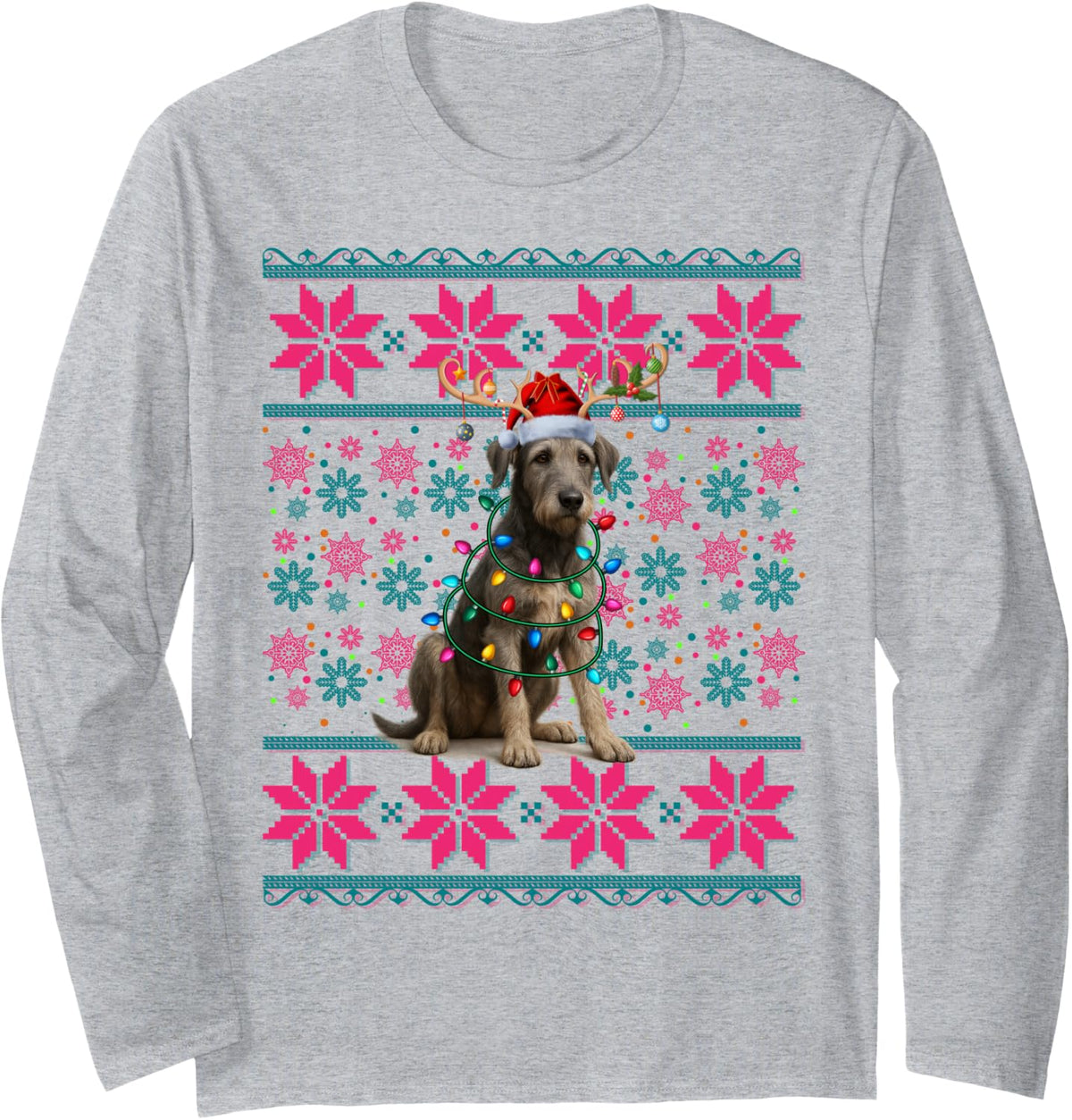 Santa Ugly Christmas Lights Irish Wolfhound Dog Xmas Long Sleeve T-Shirt - Adult Unisex Heather Grey