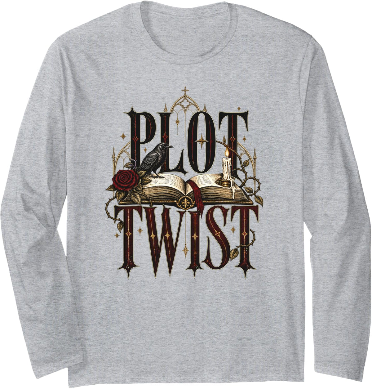 Plot Twist Gothic Book Lover Raven Dark Academia Reading Long Sleeve T-Shirt - Adult Unisex Heather Grey