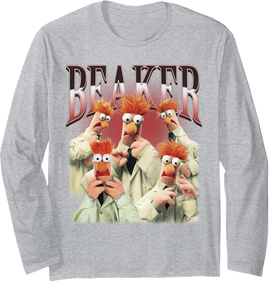 Disney The Muppets Beaker Montage and Gradient Lettering Long Sleeve T-Shirt - Adult Unisex Heather Grey
