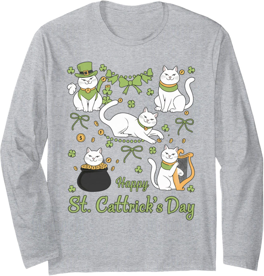 Happy St Cattrick's Day Cute Cat St Patricks Day Long Sleeve T-Shirt - Adult Unisex Heather Grey