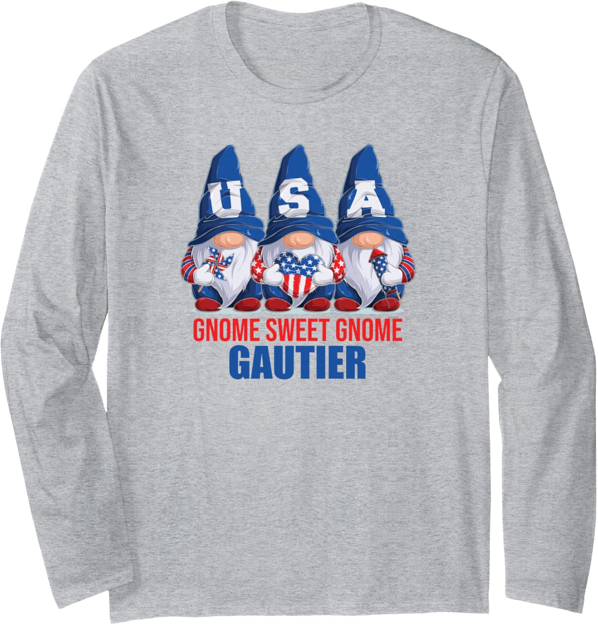 Gautier Mississippi Gnome Sweet Gnome American Flag Gnomes Long Sleeve T-Shirt - Adult Unisex Heather Grey