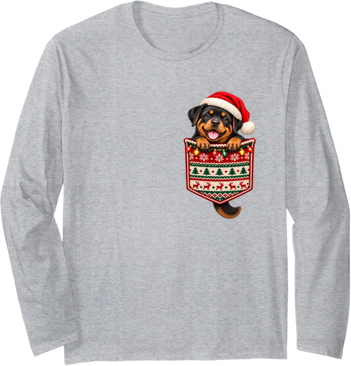 Happy Rottweiler Christmas Pocket Santa Hat Ugly Funny Long Sleeve T-Shirt - Adult Unisex Heather Grey
