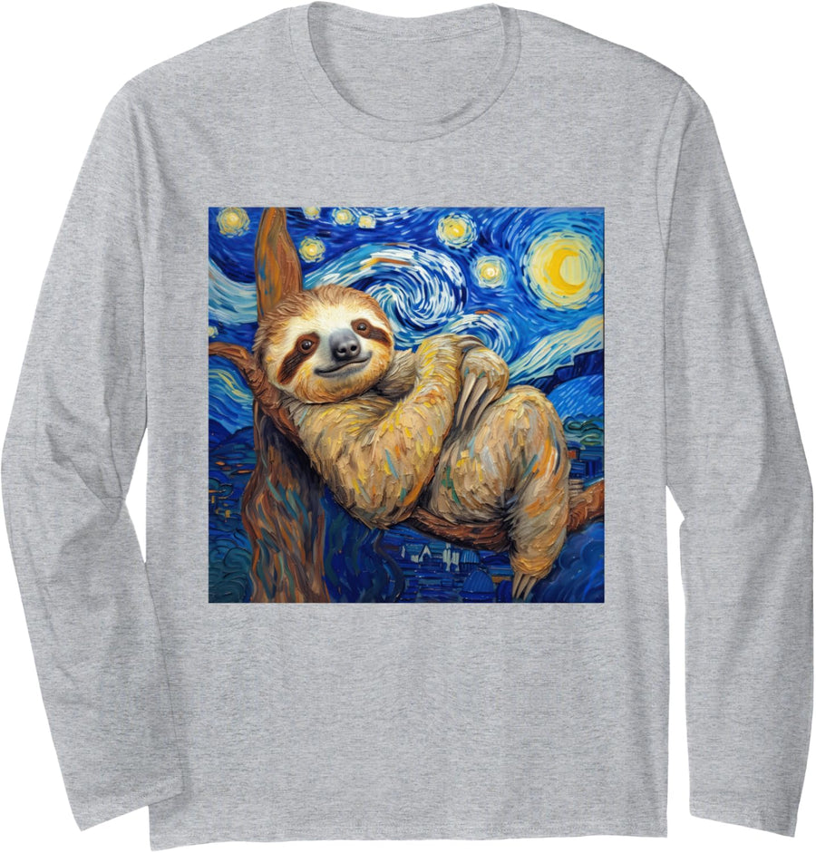 Sloth Van Gogh Style Starry Night Long Sleeve T-Shirt - Adult Unisex Heather Grey