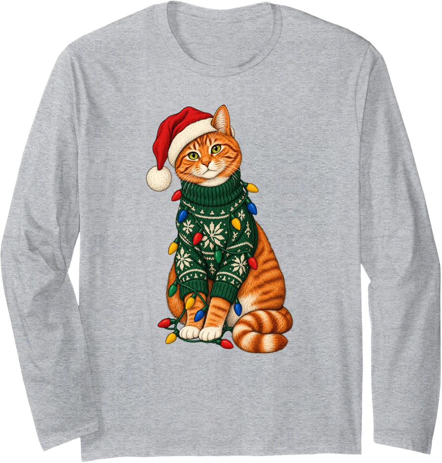 Christmas Tabby Cat Santa Hat Holiday Lights Long Sleeve T-Shirt - Adult Unisex Heather Grey