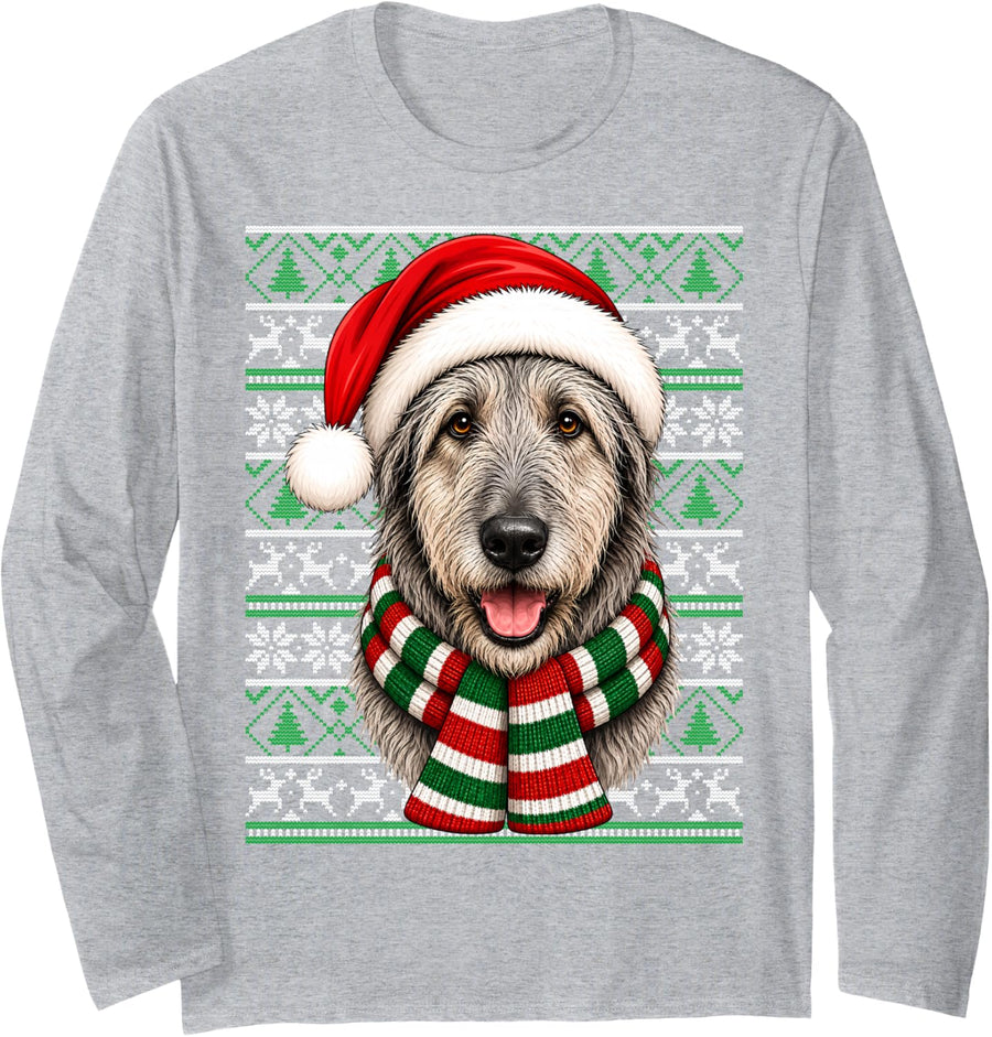 Irish Wolfhound Dog Christmas Santa Hat Ugly Sweaters Xmas Long Sleeve T-Shirt - Adult Unisex Heather Grey