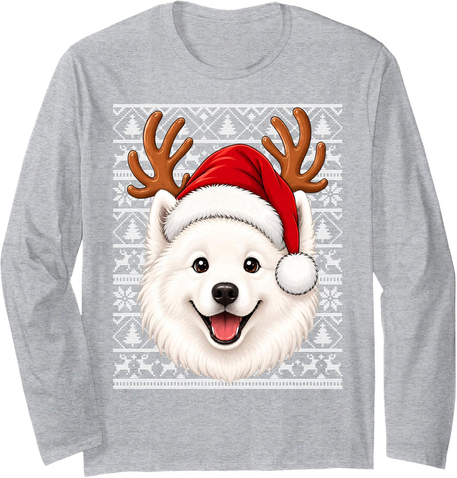 Samoyed Dog Christmas Santa Hat Ugly Sweaters Samoyed Xmas Long Sleeve T-Shirt - Adult Unisex Heather Grey