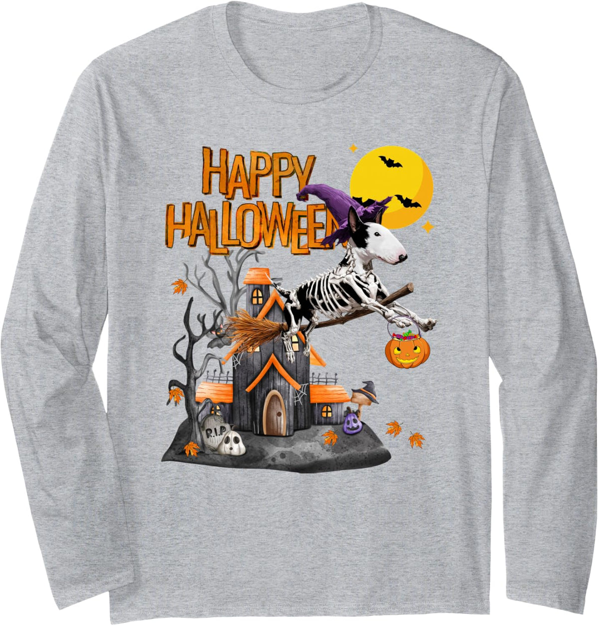 Funny Witch Bull Terrier Spooky Dog Lover Halloween Long Sleeve T-Shirt - Adult Unisex Heather Grey