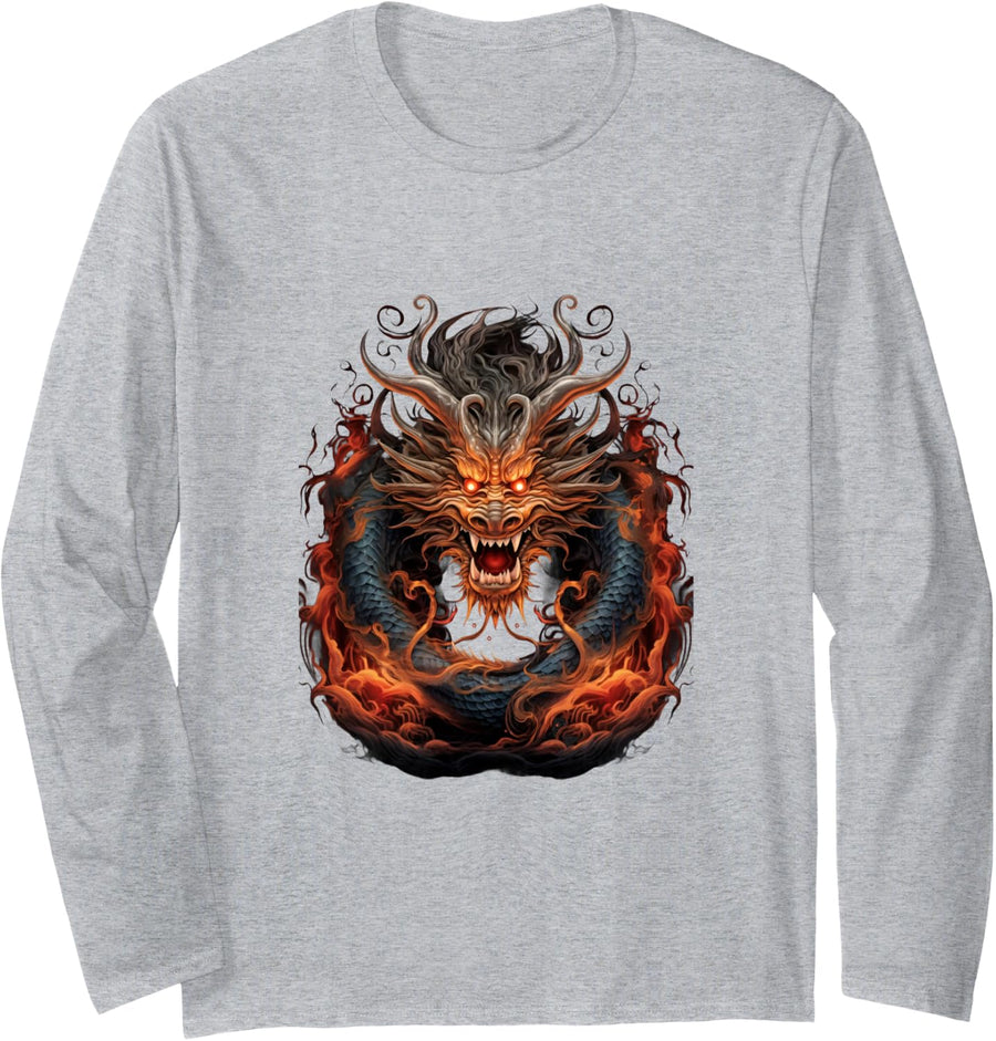 Chinese New Year 2024 Flaming Dragon Lunar New Year Long Sleeve T-Shirt - Adult Unisex Heather Grey