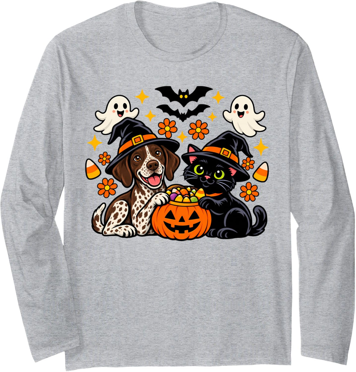 German Shorthaired Pointer and Black Cat Pumpkin Halloween Long Sleeve T-Shirt - Adult Unisex Heather Grey