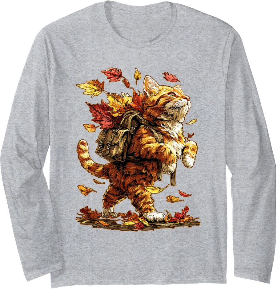 Orange Tabby Cat Hiking with Fall Leaves Autumn Kitten Hiker Long Sleeve T-Shirt - Adult Unisex Heather Grey