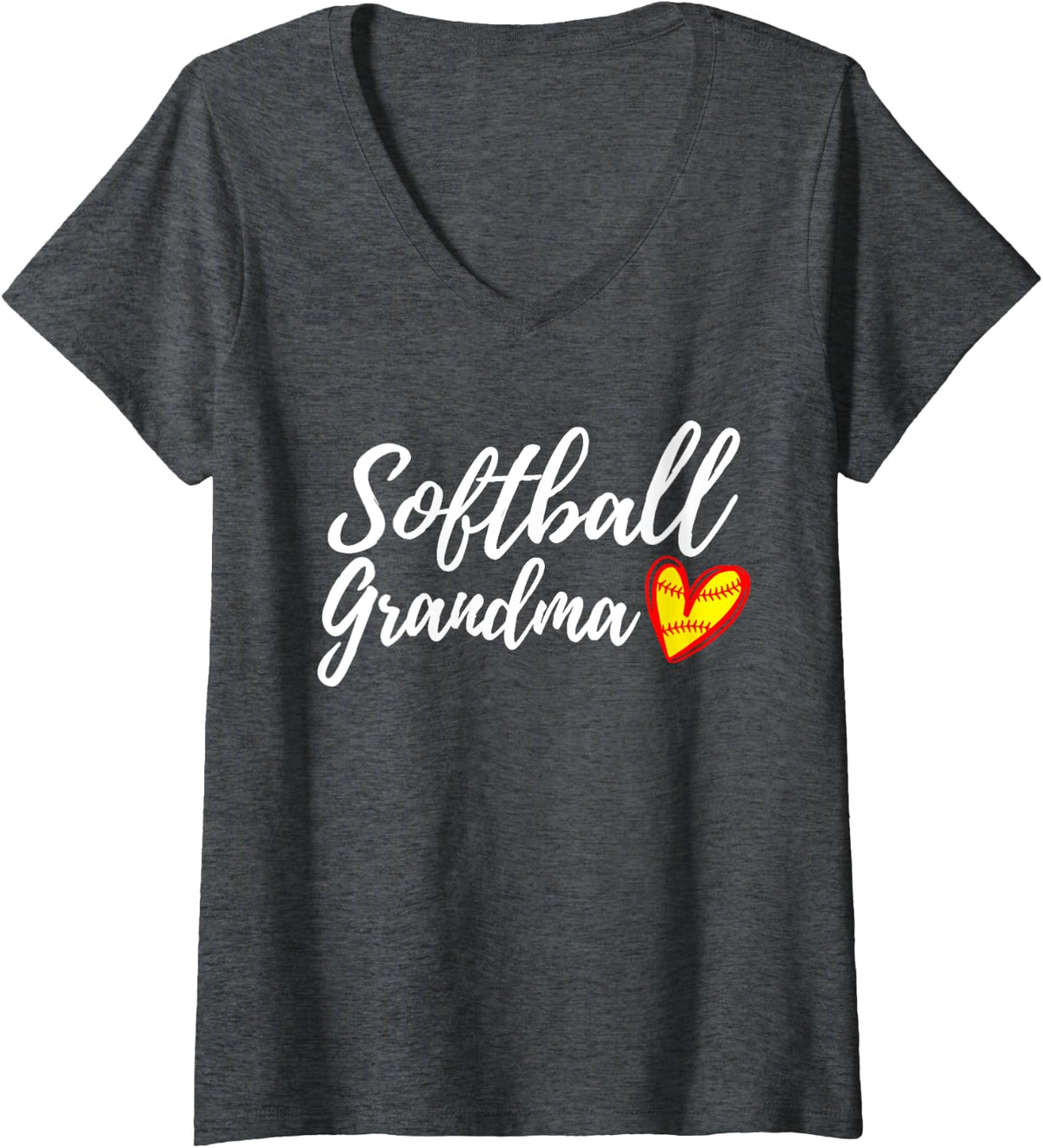 Womens Cute Softball Grandma Heart Matching Womens Mothers Day V-Neck T-Shirt - Dark Heather Grey