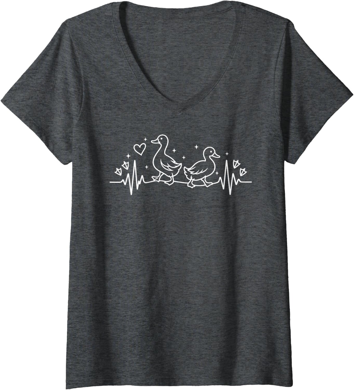 Women's Duck Heartbeat Pulse EKG Line Pet Duck Lover V-Neck T-Shirt - Dark Heather Grey