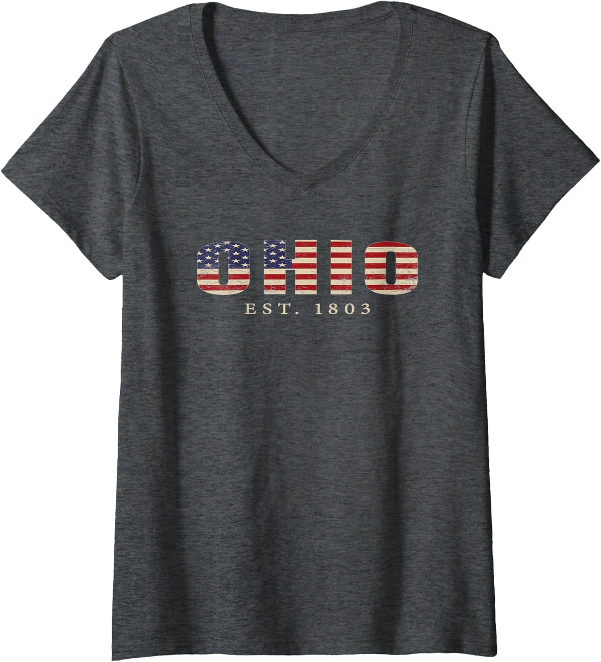 Womens Ohio with U.S. flag, Ohio est. 1803 Celebration day V-Neck T-Shirt - Dark Heather Grey