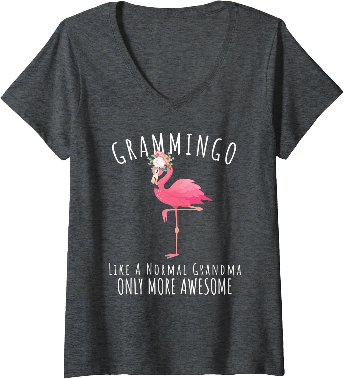 Womens Grammingo Like An Grandma Only Awesome Floral Flamingo Gift V-Neck T-Shirt - Dark Heather Grey