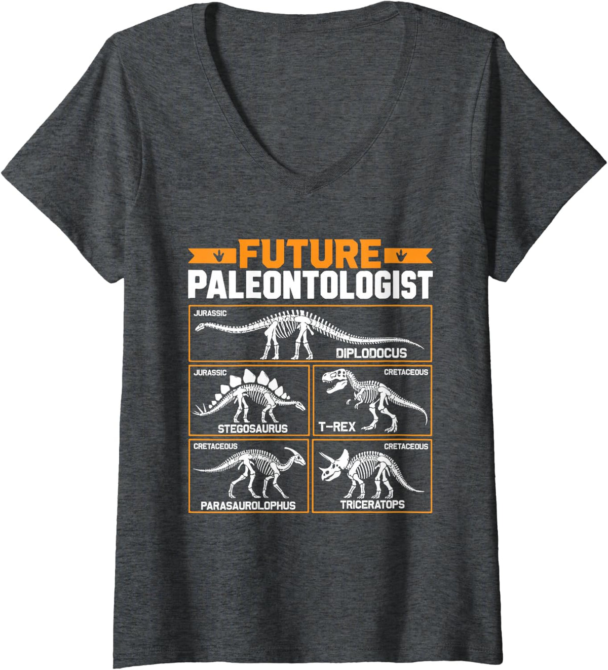 Women's Future Paleontologist Dinosaur Paleontology T-Rex Boys V-Neck T-Shirt - Dark Heather Grey