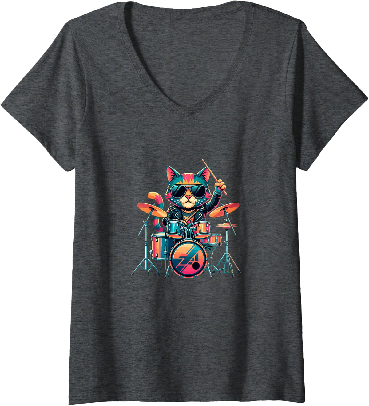 Women's Vintage Cat Play Drums Drummer Musician Rock Music Band Tee V-Neck T-Shirt - Dark Heather Grey