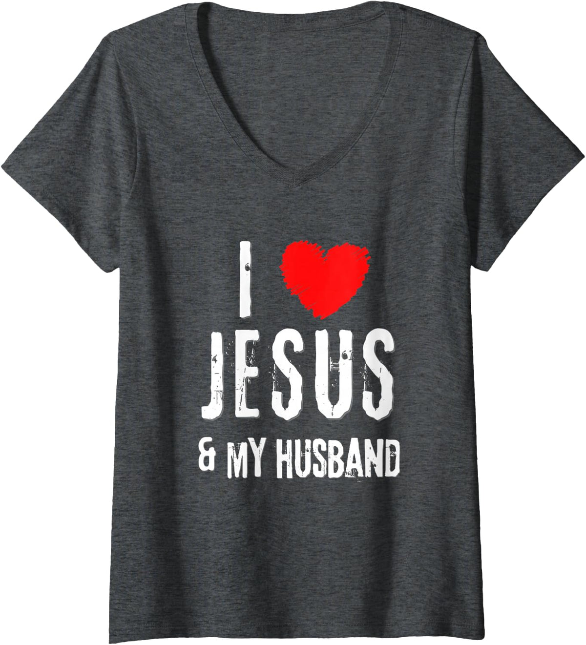 Women's Vintage Grunge I Love JESUS & MY HUSBAND, Christian V-Neck T-Shirt - Dark Heather Grey