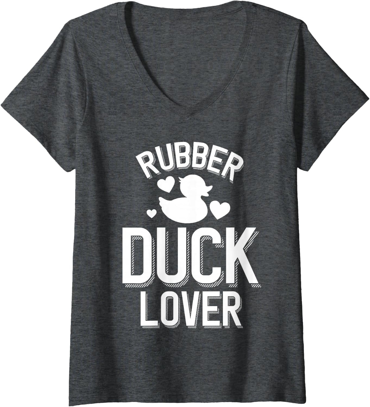 Women's Cute Rubber Duck Lover Duckie with Hearts V-Neck T-Shirt - Dark Heather Grey