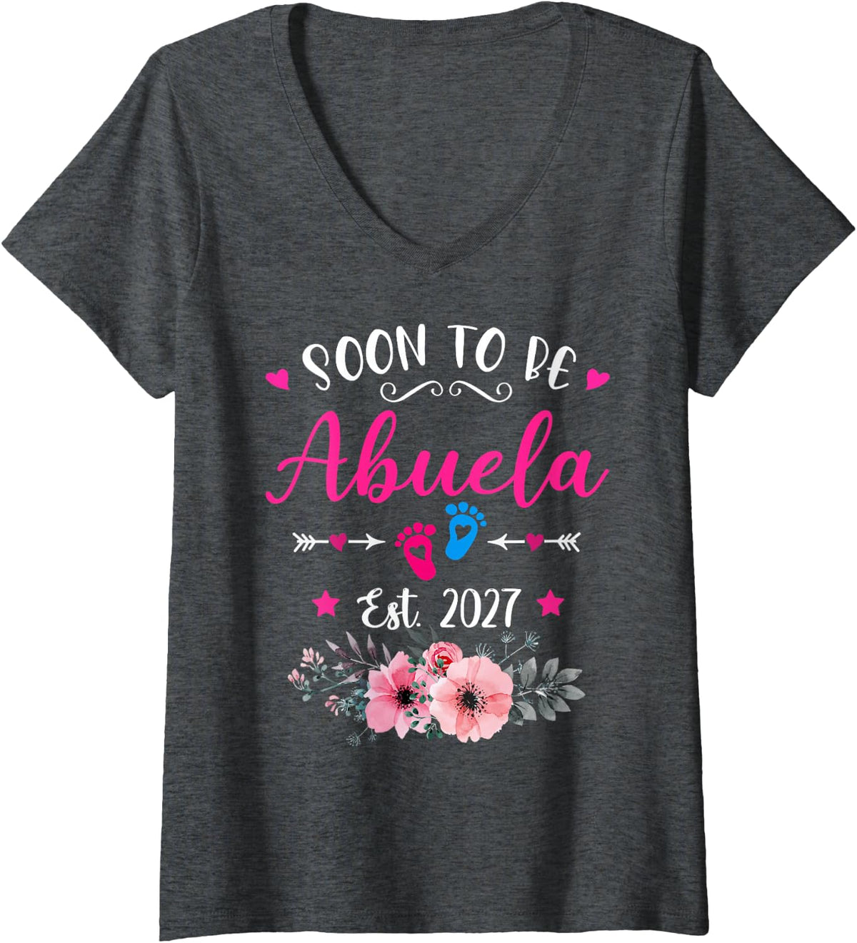 Women's Soon to Be Abuela Est 2027 Promoted to Mom Floral V-Neck T-Shirt - Dark Heather Grey
