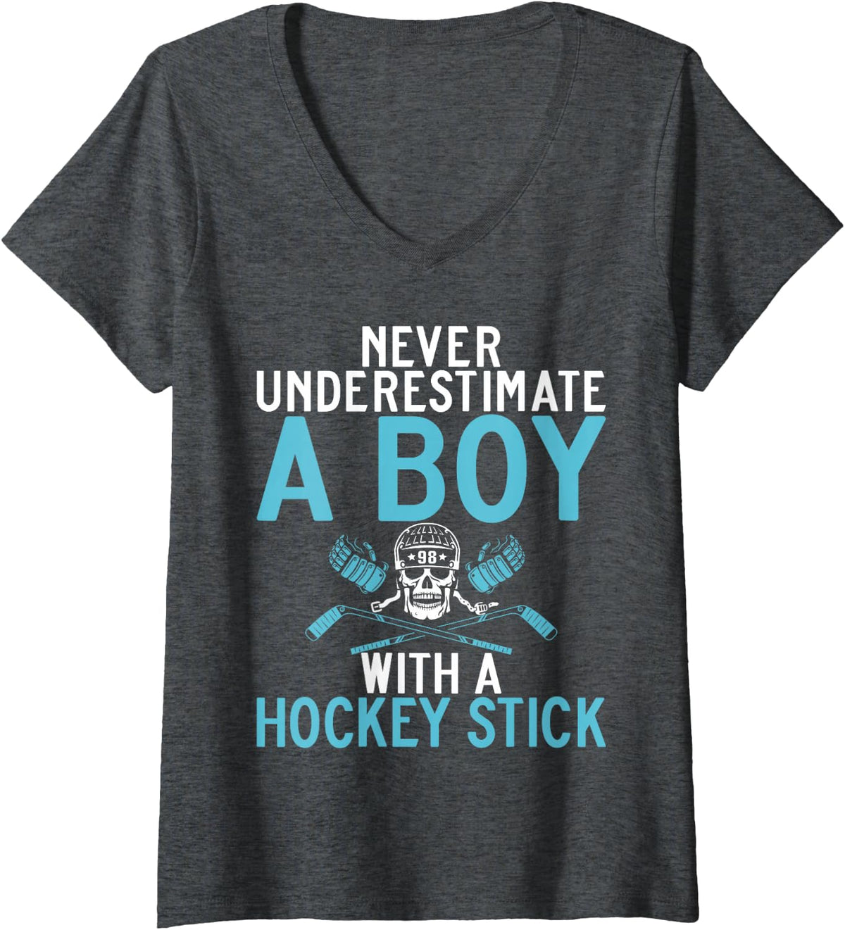 Women's Never Underestimate Boy with a Hockey Stick Hockey Boy V-Neck T-Shirt - Dark Heather Grey