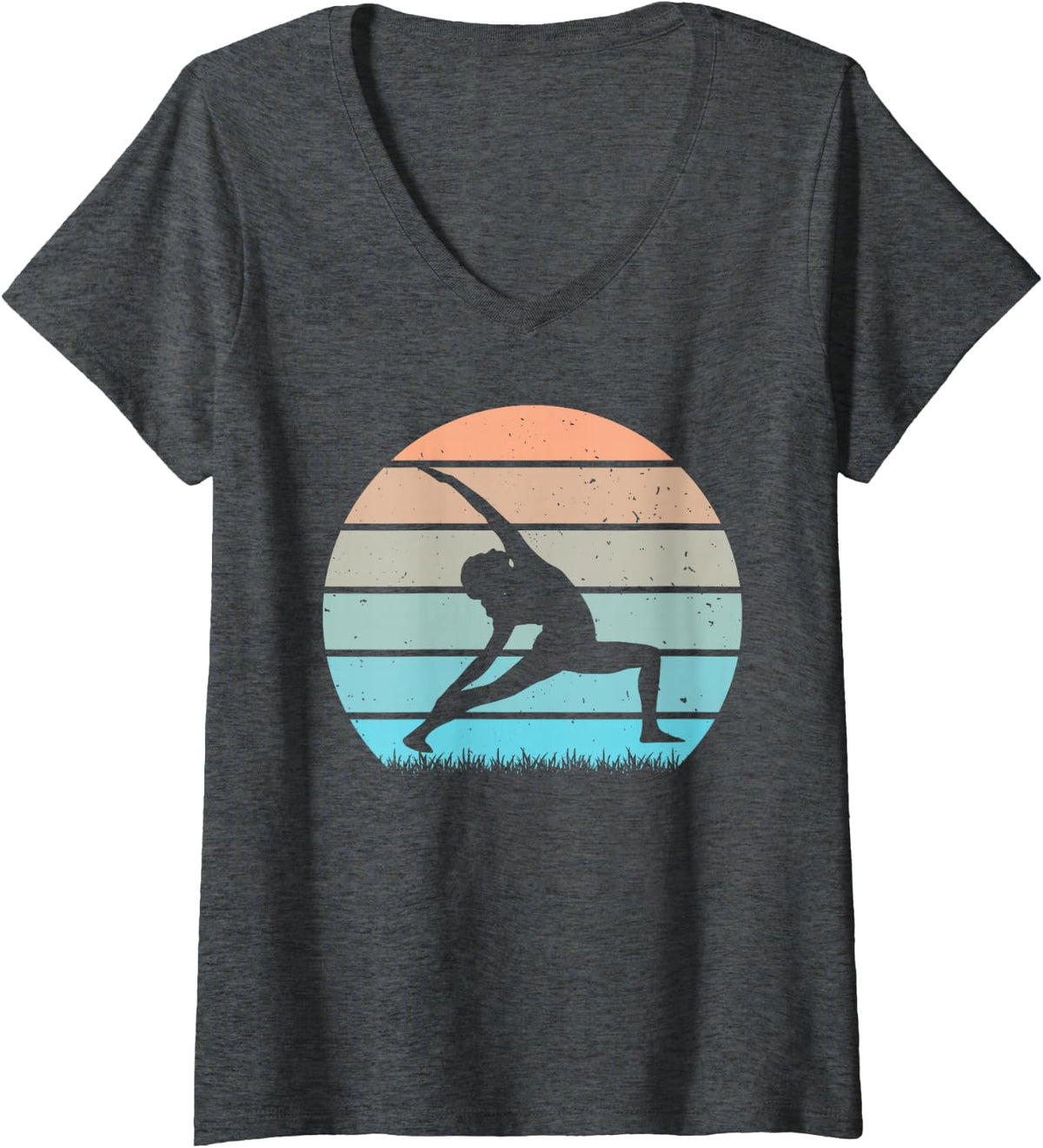 Women's Yoga Pose Fitness Meditation Retro Vintage Sunset V-Neck T-Shirt - Dark Heather Grey