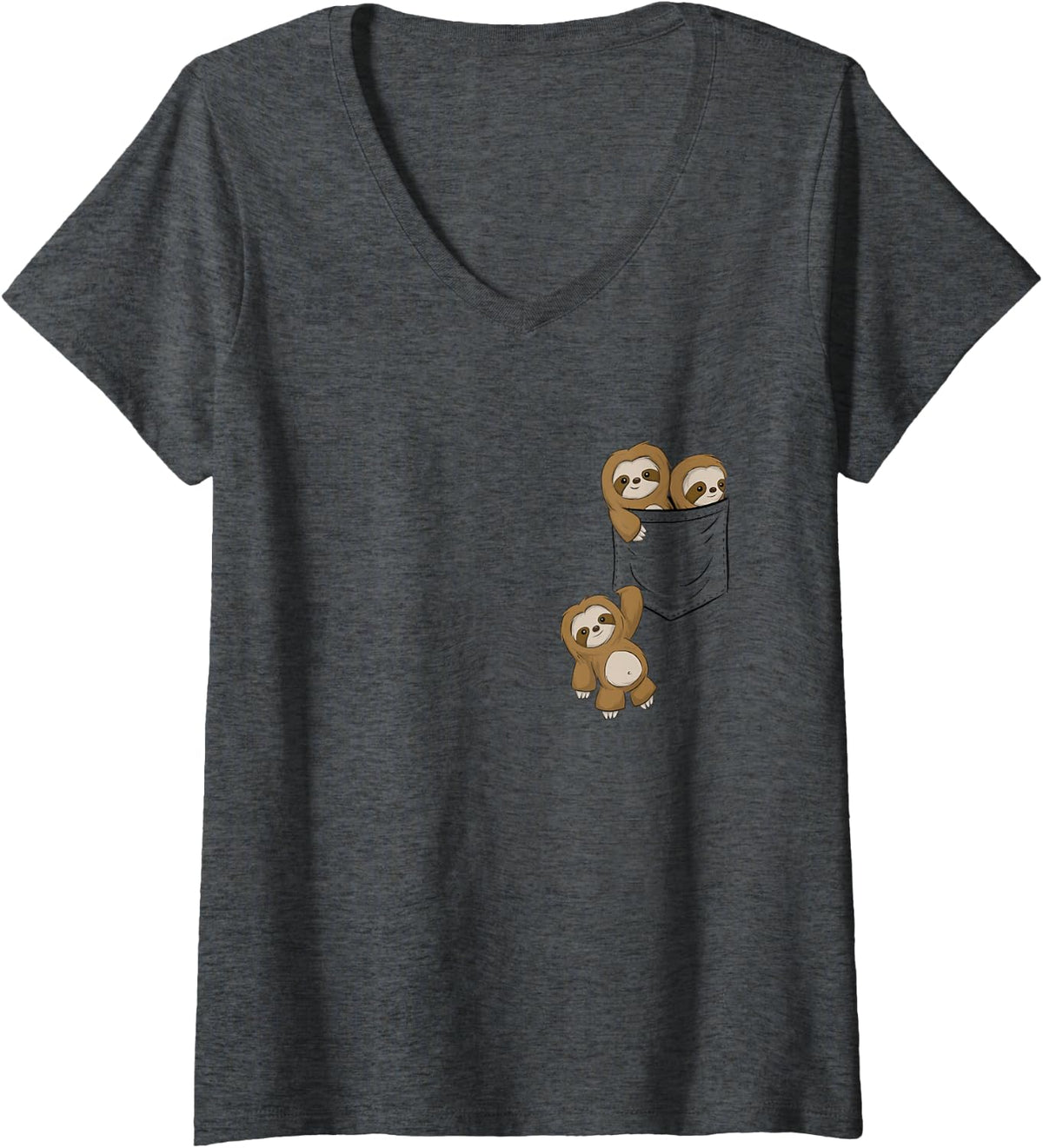 Womens For Sloth Lovers Cute Kawaii Baby Sloths In Pocket V-Neck T-Shirt - Dark Heather Grey