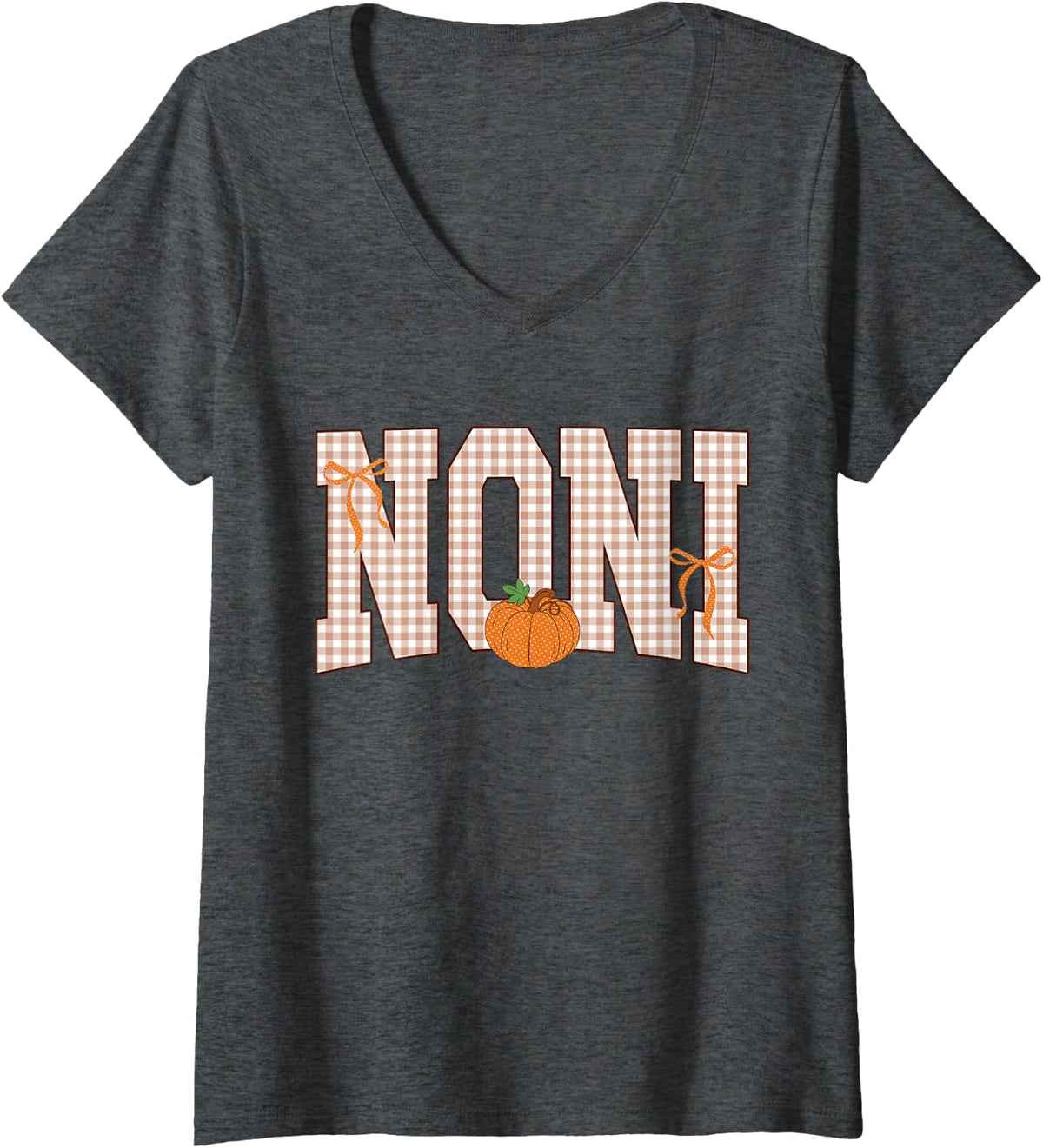 Women's Noni Gifts Polka Dot Bow Pumpkin Noni Gingham Plaid Autumn V-Neck T-Shirt - Dark Heather Grey