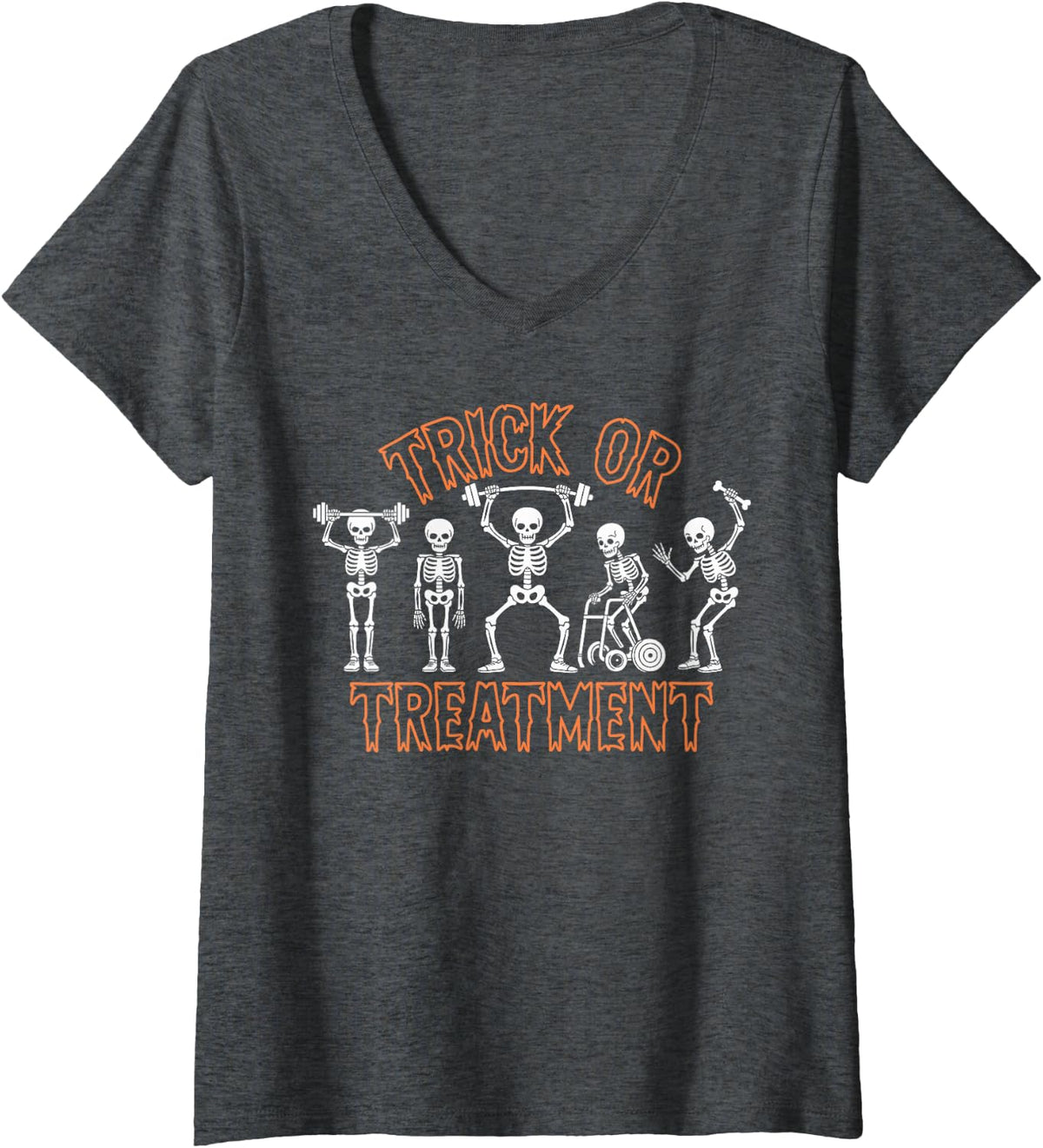 Women's Trick Or Treatment Halloween Physical Therapy Skeleton PT V-Neck T-Shirt - Dark Heather Grey