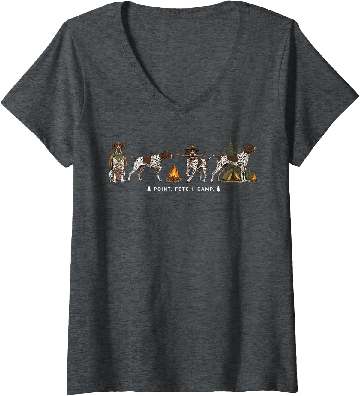Women's Cute German Shorthaired Pointer Camping Camper GSP Dog Lover V-Neck T-Shirt - Dark Heather Grey