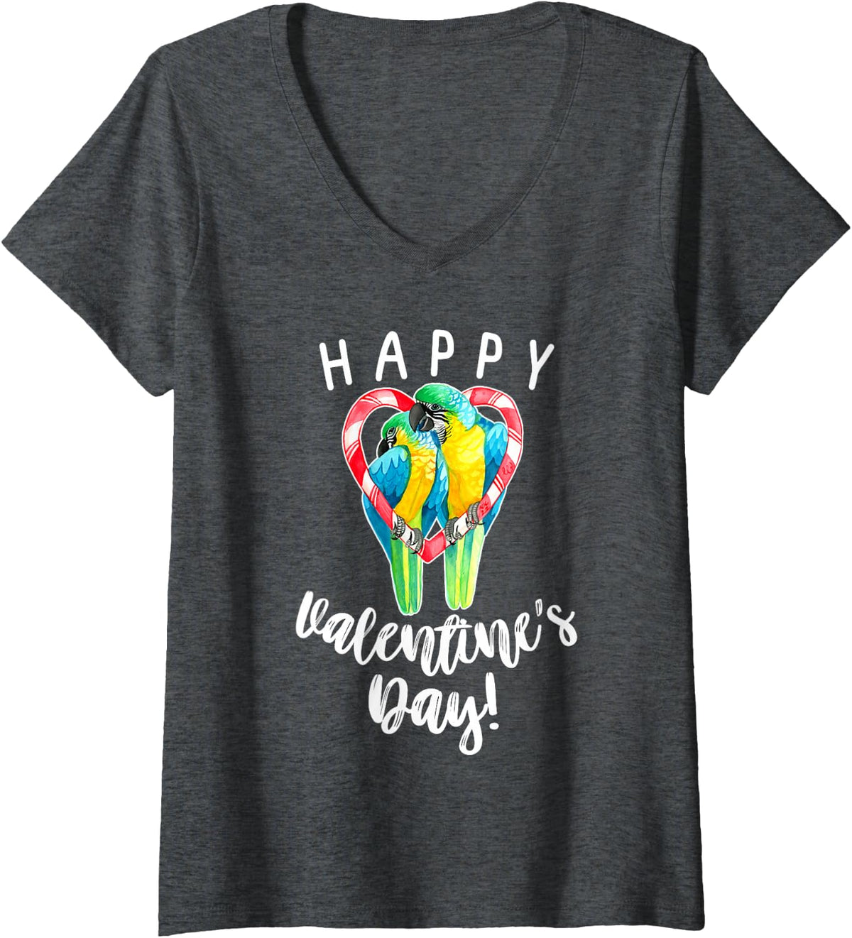 Women's Happy Valentine's Day Blue and Gold Macaw Parrot Couple V-Neck T-Shirt - Dark Heather Grey