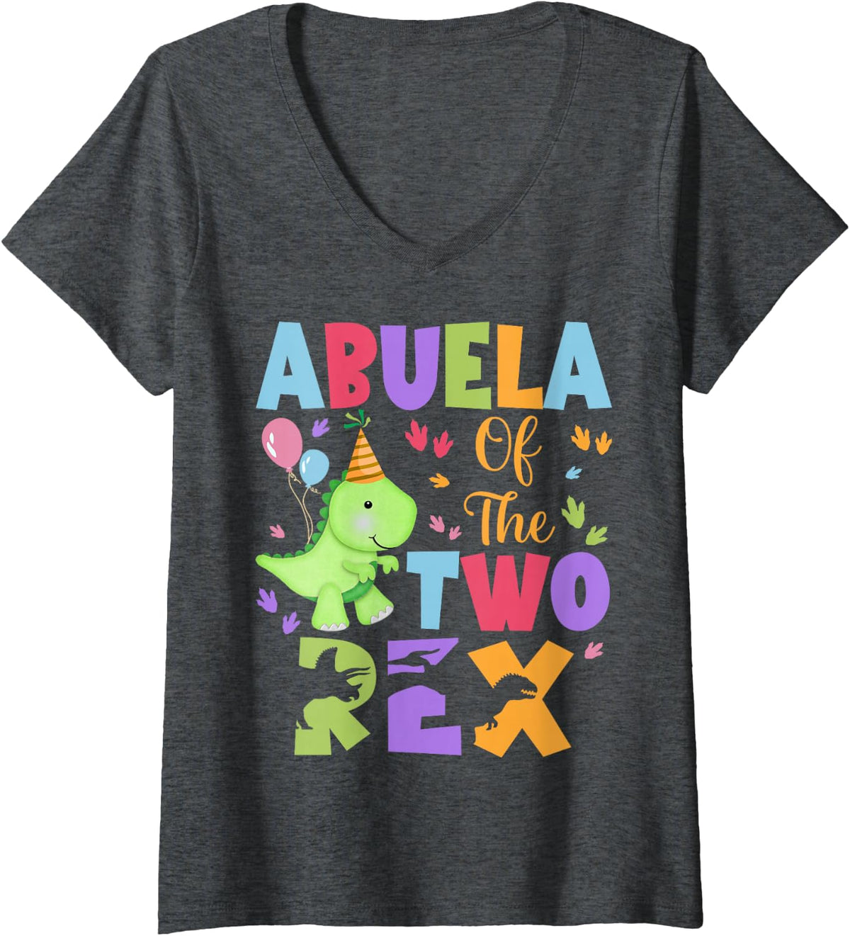 Women's Abuela of The Two Rex Birthday Dinosaur Family Matching V-Neck T-Shirt - Dark Heather Grey