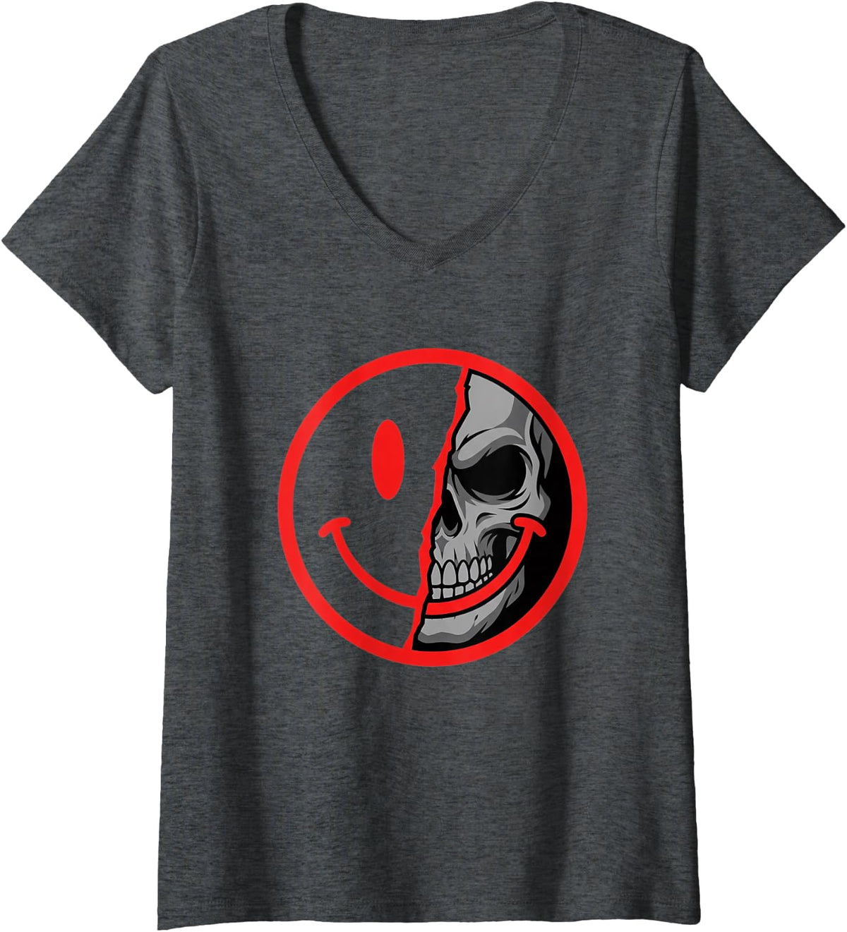 Women's Edgy Half Face Skull Grunge Goth Aesthetic V-Neck T-Shirt - Dark Heather Grey