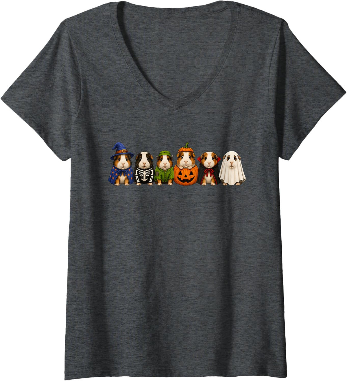Women's Cute Guinea Pig Halloween Costumes Spooky Cavies Crew V-Neck T-Shirt - Dark Heather Grey