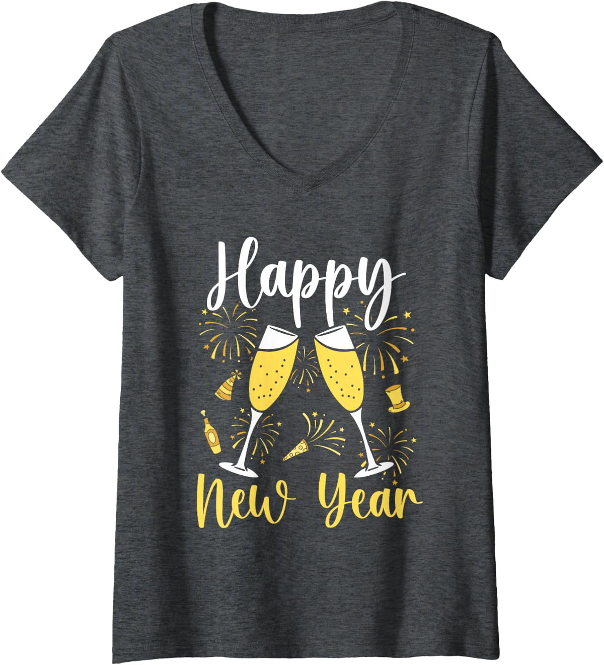 Women's Happy New Year 2025 New Years Eve Party Countdown Fireworks V-Neck T-Shirt - Dark Heather Grey