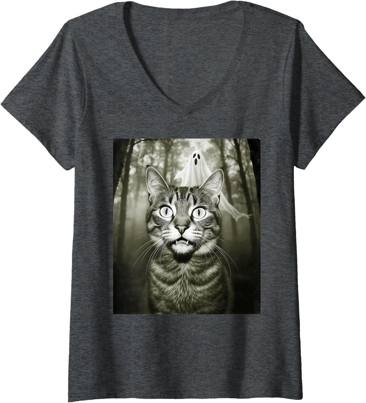 Women's Halloween Tabby Cat Ghost Selfie Costume Men Women Girls Kid V-Neck T-Shirt - Dark Heather Grey