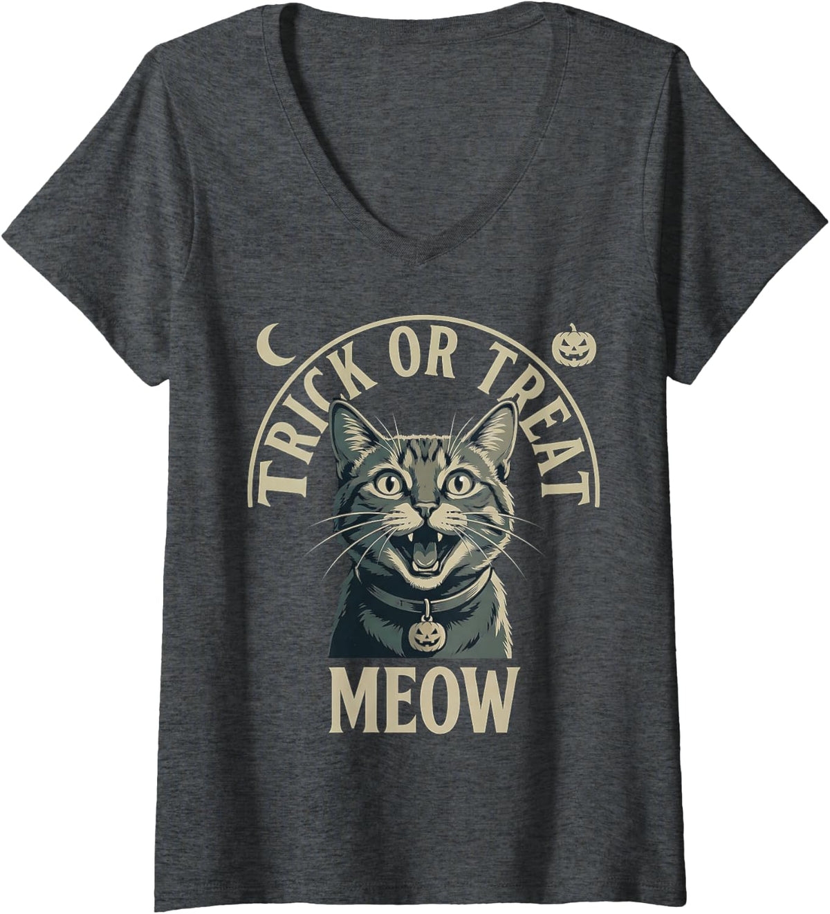 Women's Spooky Halloween Pumpkin Tabby Cat Horror Jack O Lanterns V-Neck T-Shirt - Dark Heather Grey