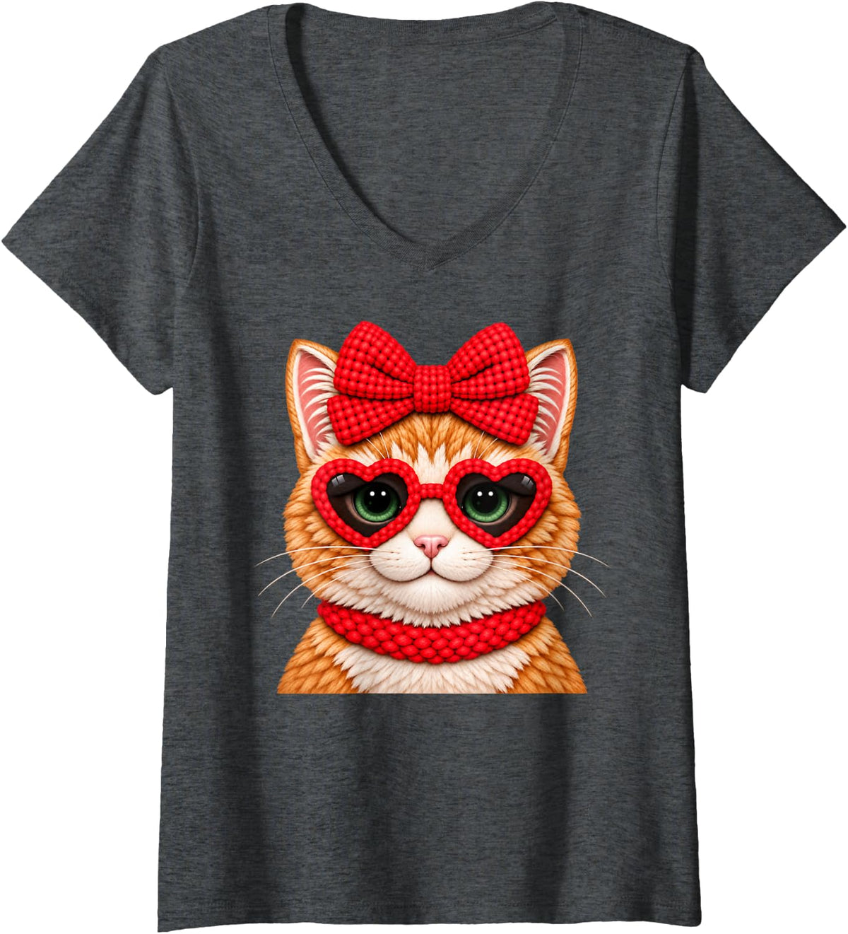 Women's Orange Tabby Red Bow Heart Sunglasses Cute Cat Valentine V-Neck T-Shirt - Dark Heather Grey