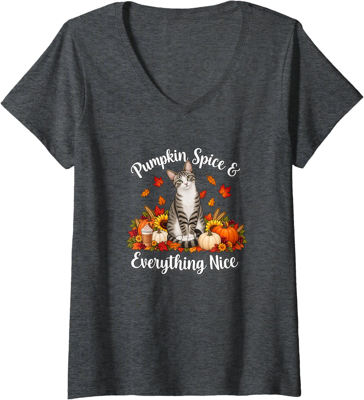 Women's Womens Moms PSL Pumpkin Spice Gray Brown White Tabby Cat V-Neck T-Shirt - Dark Heather Grey