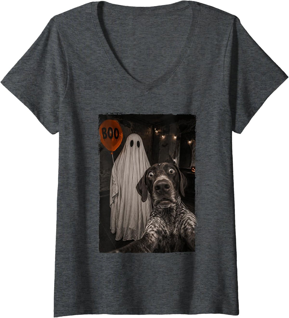 Women's German Shorthaired Pointer Halloween Selfie Ghost Balloon V-Neck T-Shirt - Dark Heather Grey