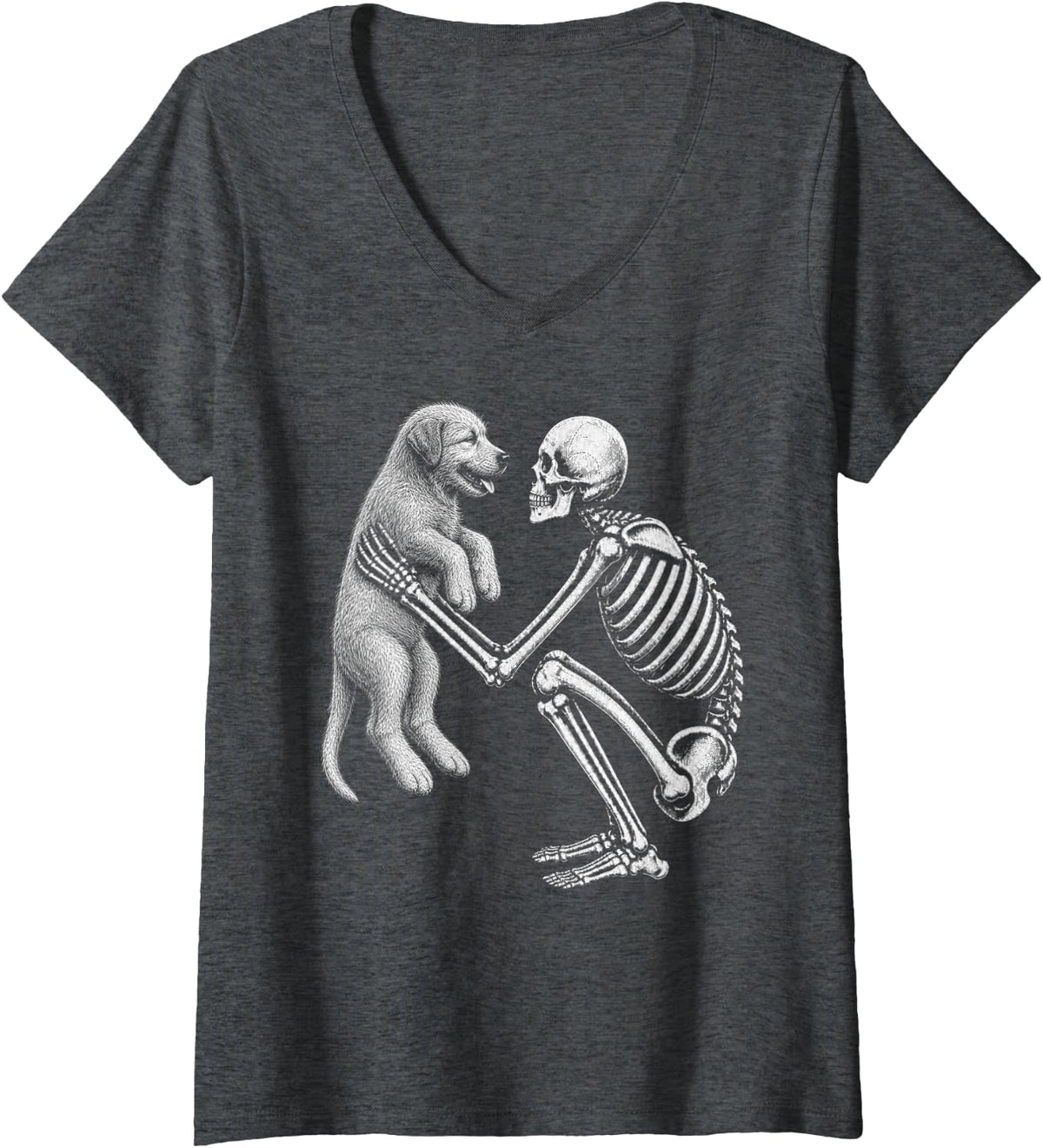Women's Skeleton Holding Irish Wolfhound Retro Halloween Dog V-Neck T-Shirt - Dark Heather Grey