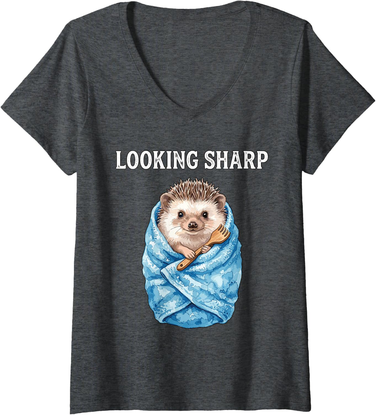 Women's Looking Sharp Funny Hedgehog Spa Bath Animal Humorous Puns V-Neck T-Shirt - Dark Heather Grey