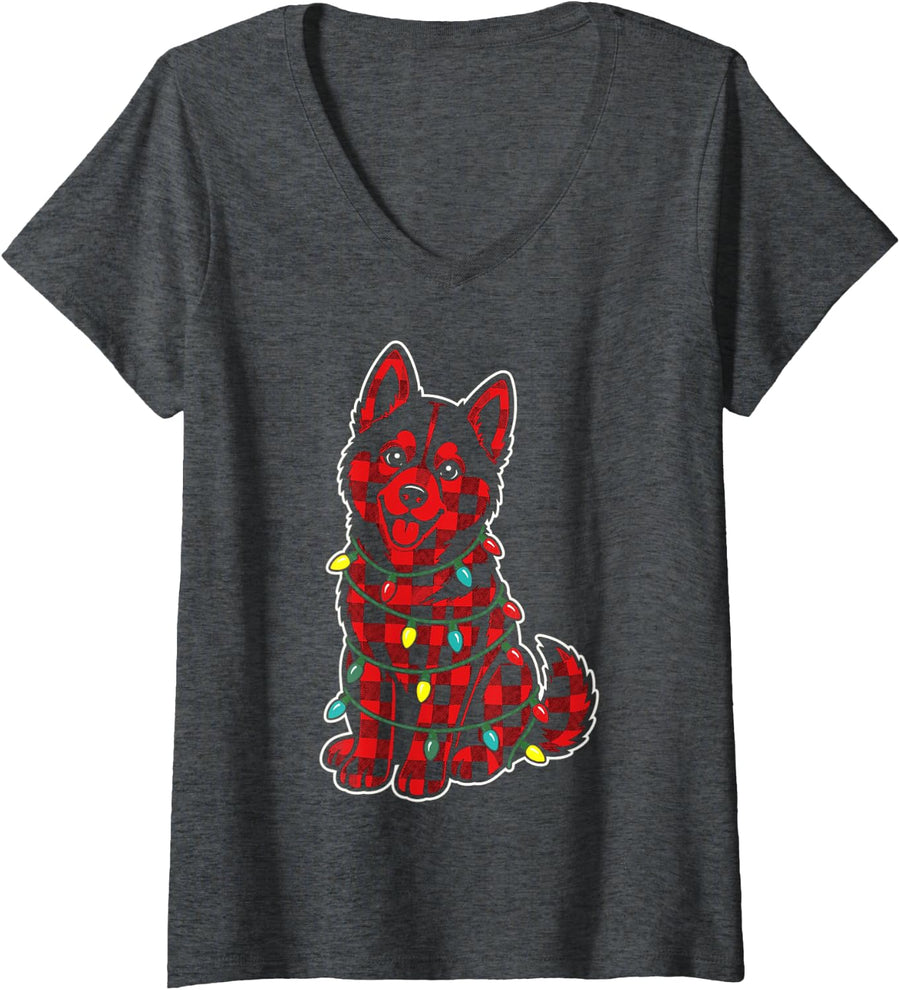 Women's Christmas German Shepherd Buffalo Plaid Lights Holiday V-Neck T-Shirt - Dark Heather Grey