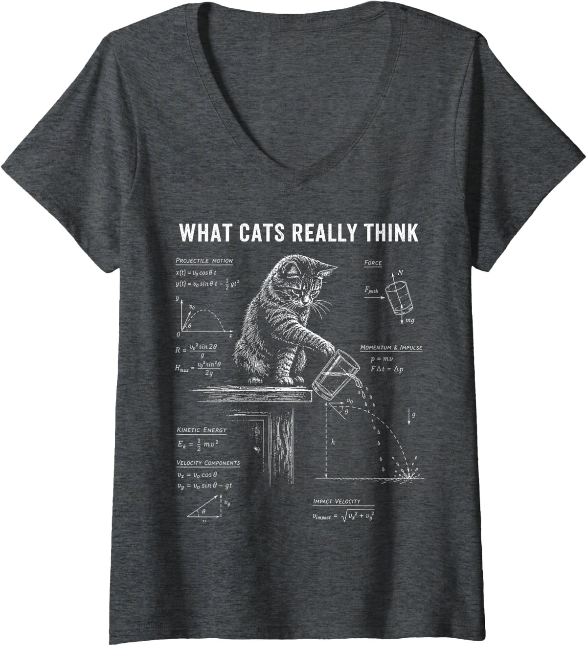 Women's Funny Joke Cat Lovers Physics Humor What Cats Really Think V-Neck T-Shirt - Dark Heather Grey