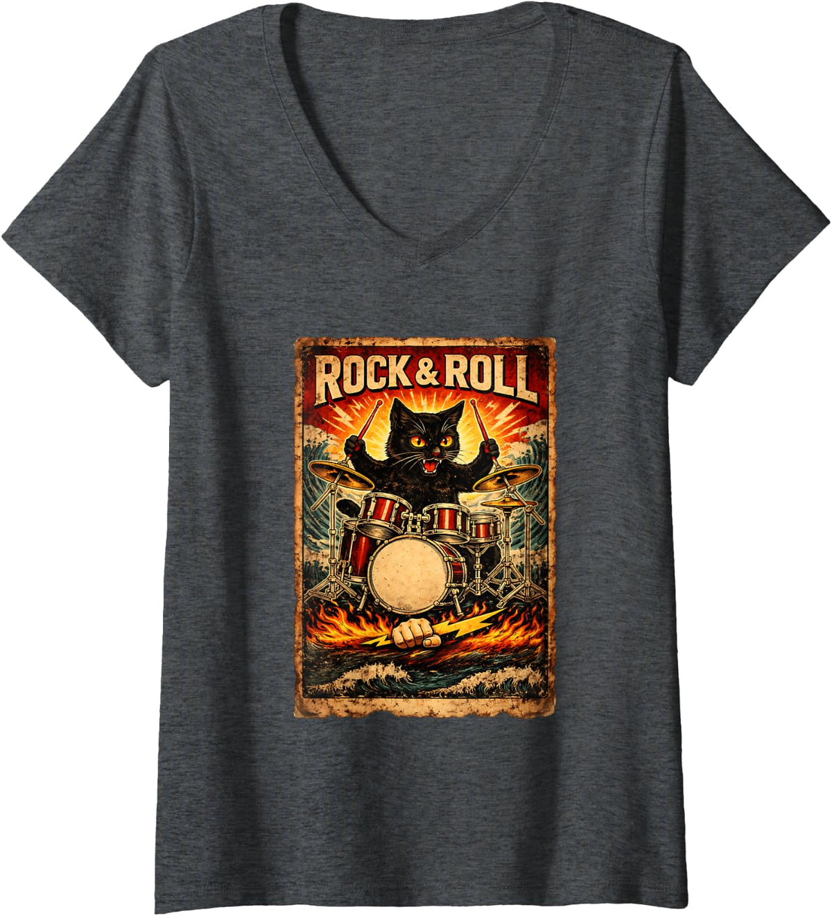 Women's Black Cat Playing Drums Rock Vintage Rocker Drummer Cat V-Neck T-Shirt - Dark Heather Grey