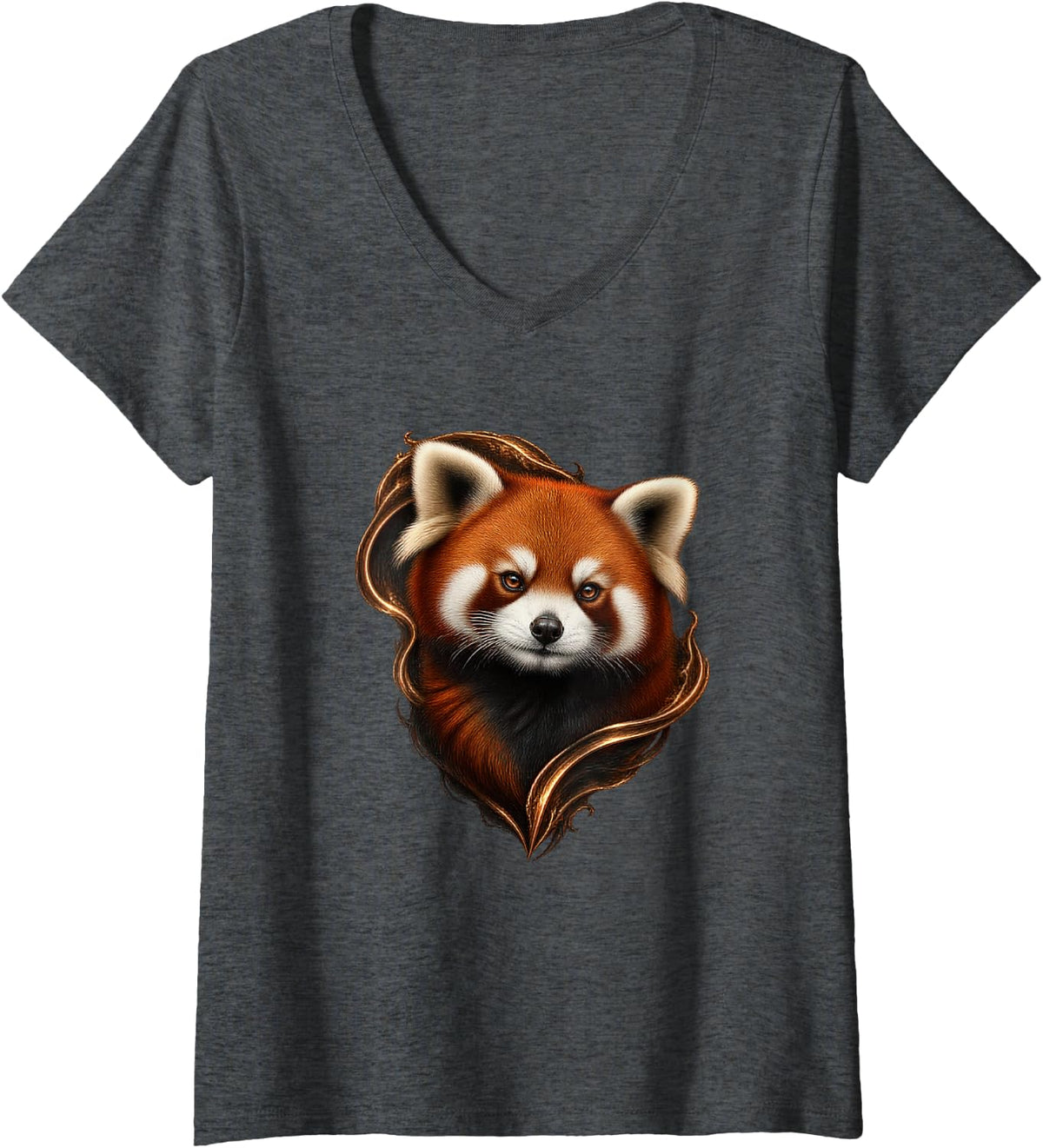 Women's Red Panda with Molten Bronze Curves Forest Animal Art V-Neck T-Shirt - Dark Heather Grey