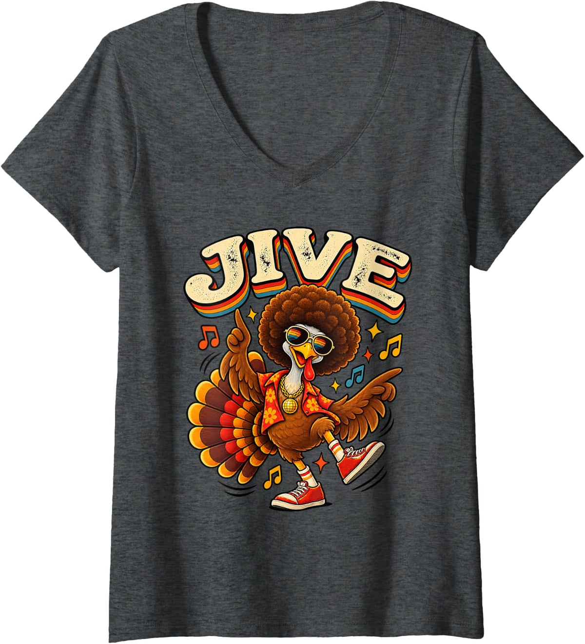 Women's 70s Groove Fall Funny Retro Disco Jive Turkey Thanksgiving V-Neck T-Shirt - Dark Heather Grey