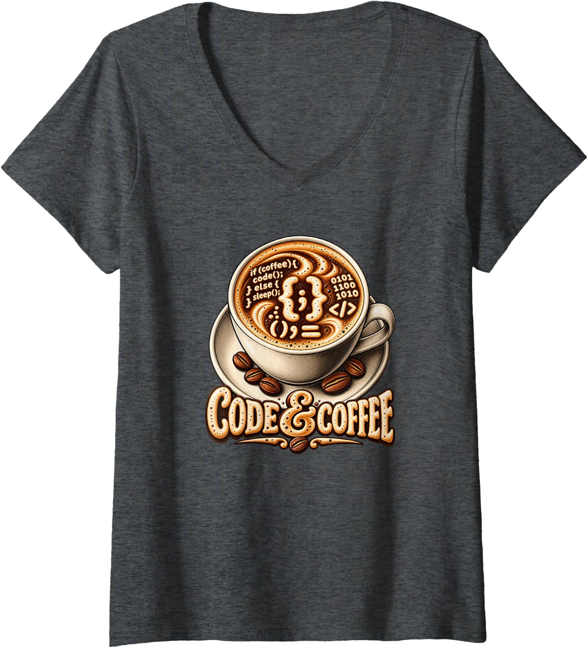 Women's Code & Coffee – Caffeine Powered Coding Humor V-Neck T-Shirt - Dark Heather Grey