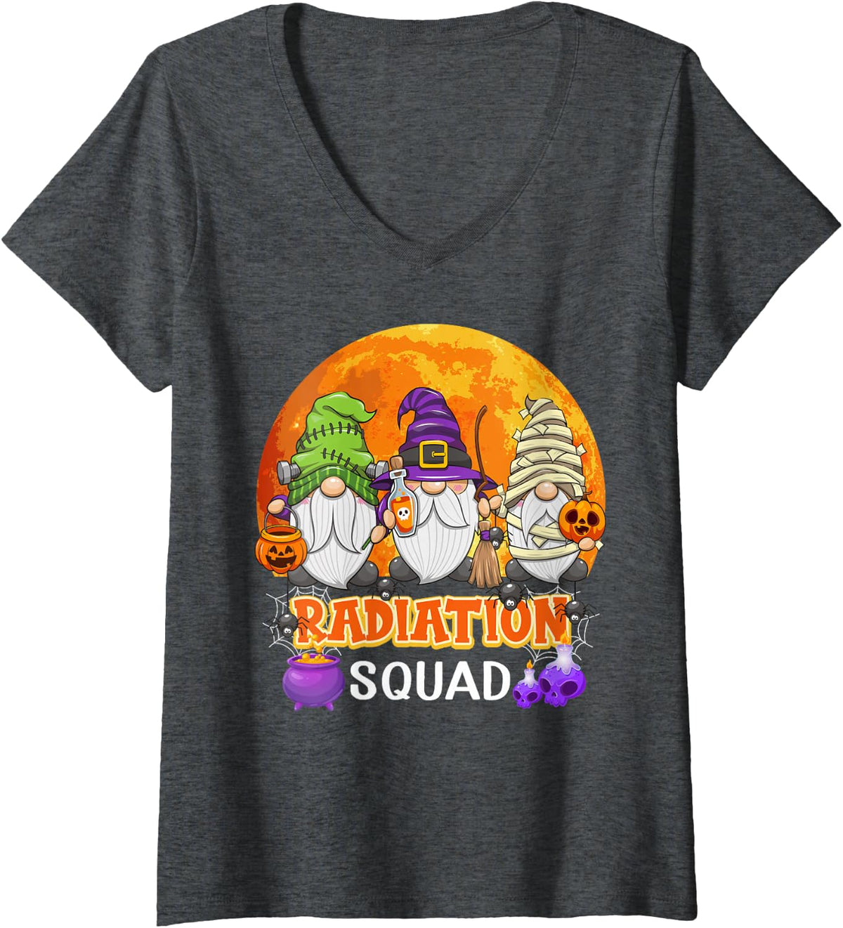 Women's Radiation Squad Halloween Radiation Therapist Gnome Matching V-Neck T-Shirt - Dark Heather Grey