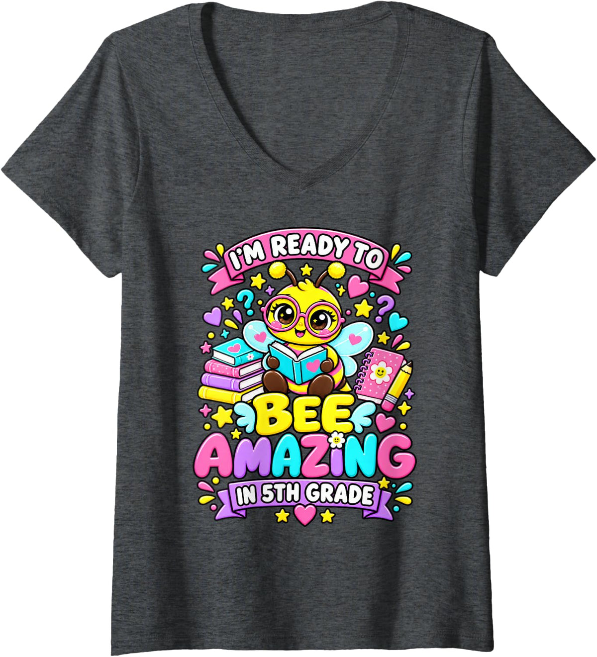 Women's Im Ready to Bee Amazing in 5th Grade Cute Student Outfit V-Neck T-Shirt - Dark Heather Grey