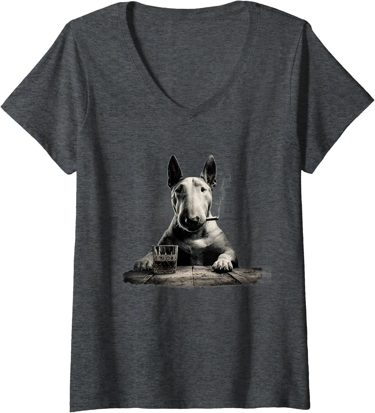 Women's Vintage Smoking Bull Terrier Funny Dog Father's Day V-Neck T-Shirt - Dark Heather Grey